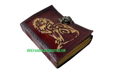 Antique Handmade Deckle Edge Paper Lion Yellow With Brown Embossed Vintage Leather Journal 240 Sketchbook Book Of Charmed Spell