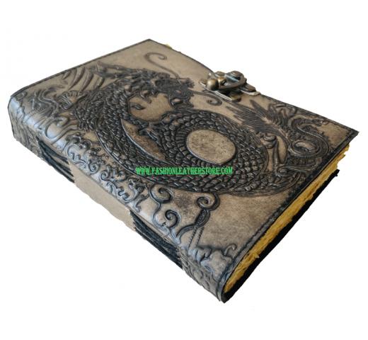 Handmade Leather Dragon In Antique Journal Notebook Diary For Men & Women, Full Genuine Leather Diary With Hand Made Paper