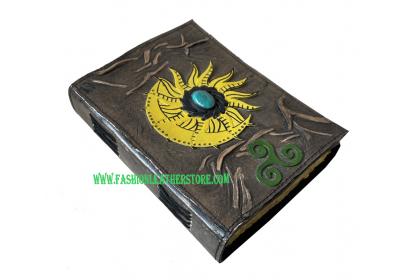 Sun moon Stone Vintage Leather Journal 200 Sketchbook Book Of Charmed Spell Celtic Antique Handmade Deckle Edge Paper Yellow With Charcoal Embossed