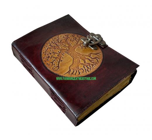 Tree of life Antique Handmade Deckle Edge Paper Yellow With Brown Embossed Vintage Leather Journal 200 Sketchbook Book Of Charmed Spell